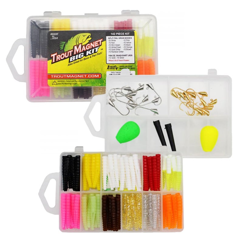 Trout Magnet Original 142-Piece Trout Fishing Gear Kit - 120pc Grub Lures with Neon Bait, 20 Hooks, 2 Floats - High Grade Trout Magnet Kit for Freshwater and Saltwater Fishing - Image 1